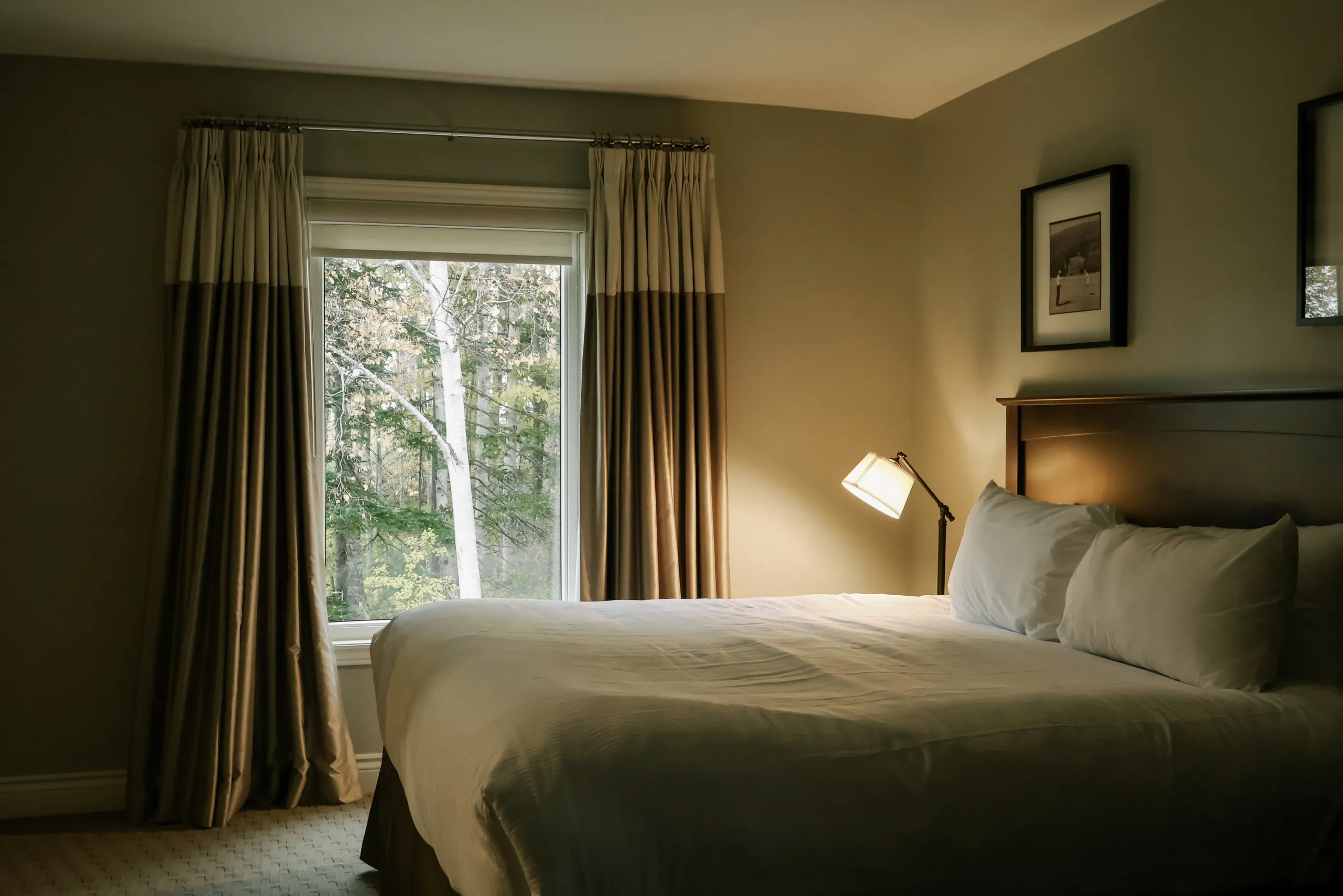 A king bedroom with white linens, a glowing bedside lamp, and two-tone curtains beside a forest view.