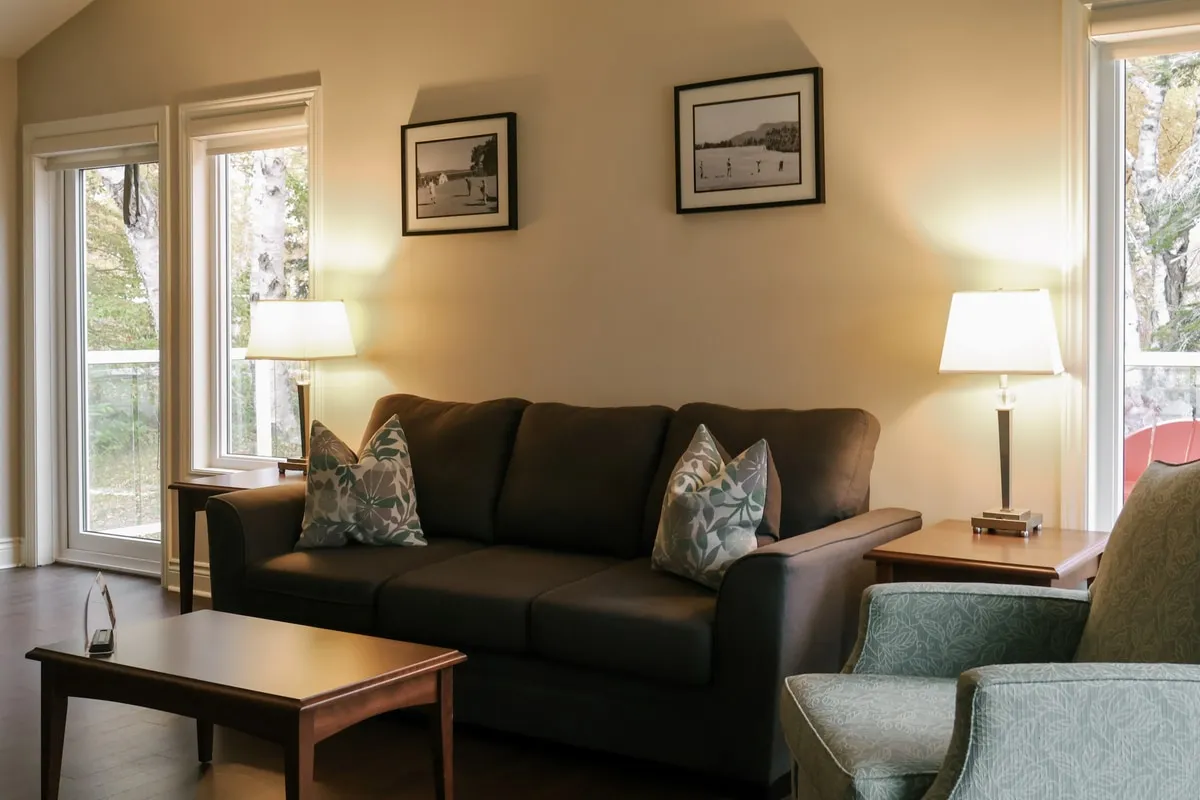 A living room with a dark sofa, patterned pillows, a coffee table, and windows looking onto the trees.