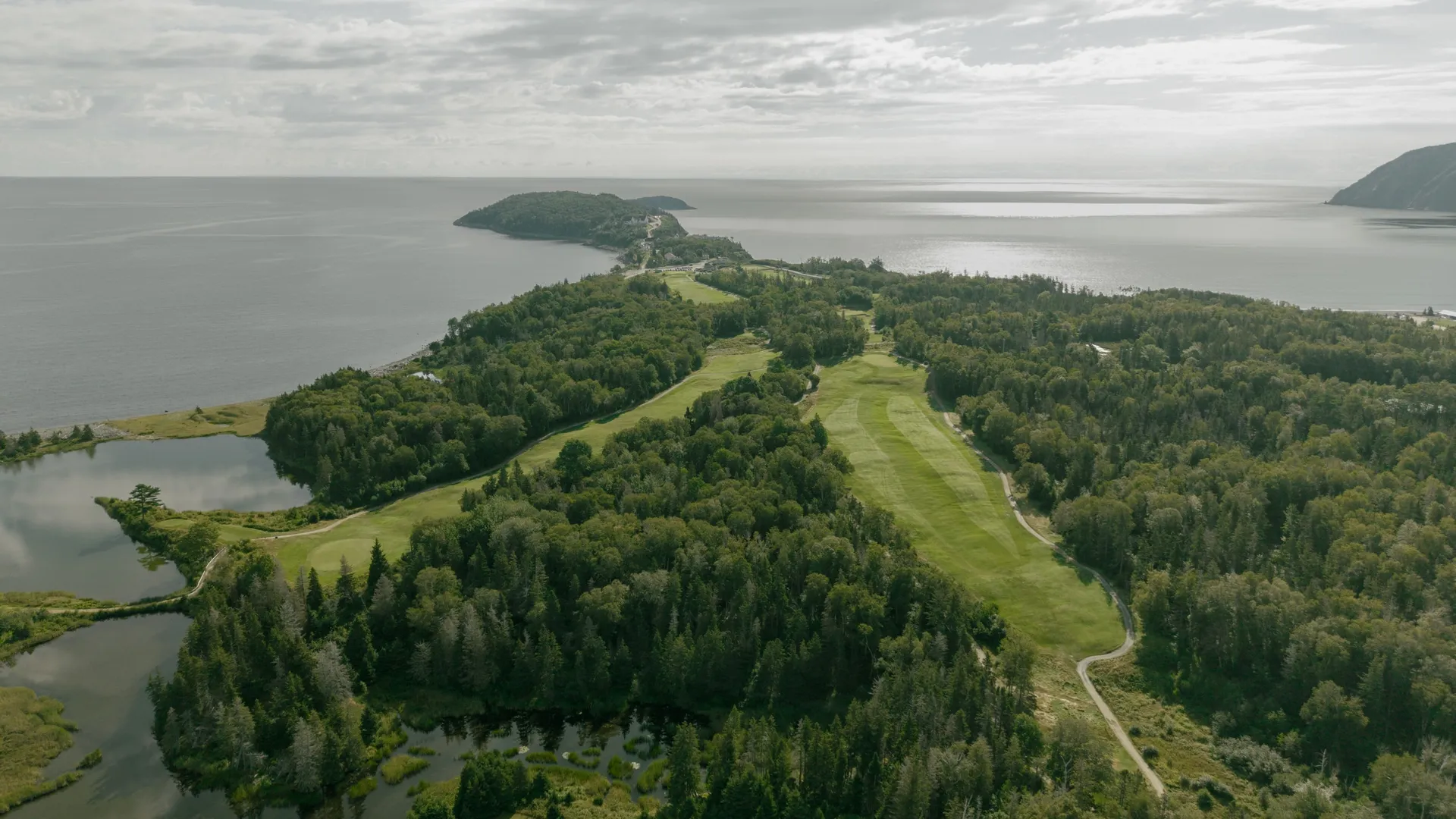 Aerial view of Highlands Links along the Cape Breton coast.
